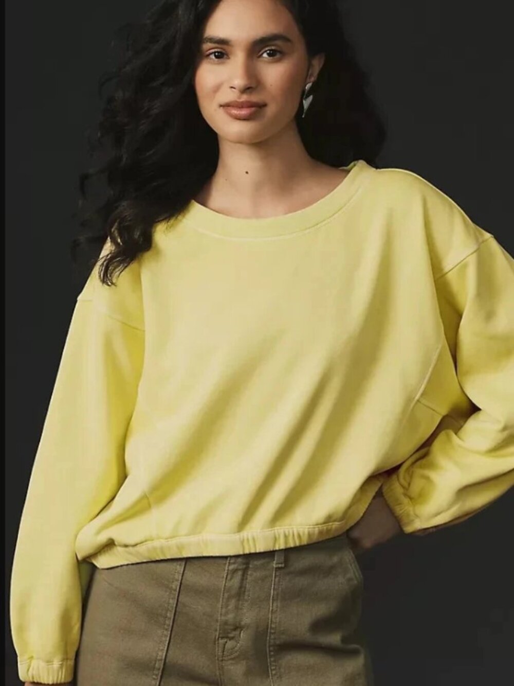 Anthropologie Boxy Cropped Pullover Top Long Sleeve Crew Neck Lime XXS